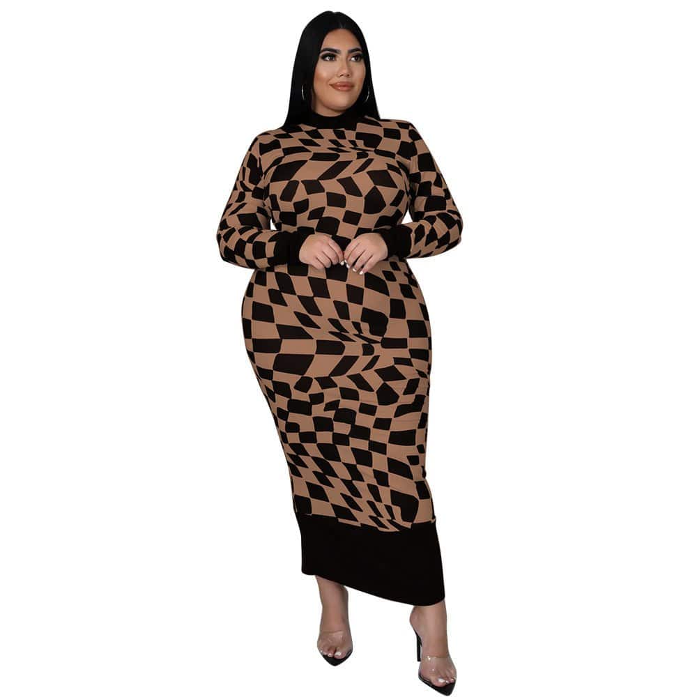 Elegant Plaid Printed Slim Fit Maxi Dress with Round Neck  L Brown 