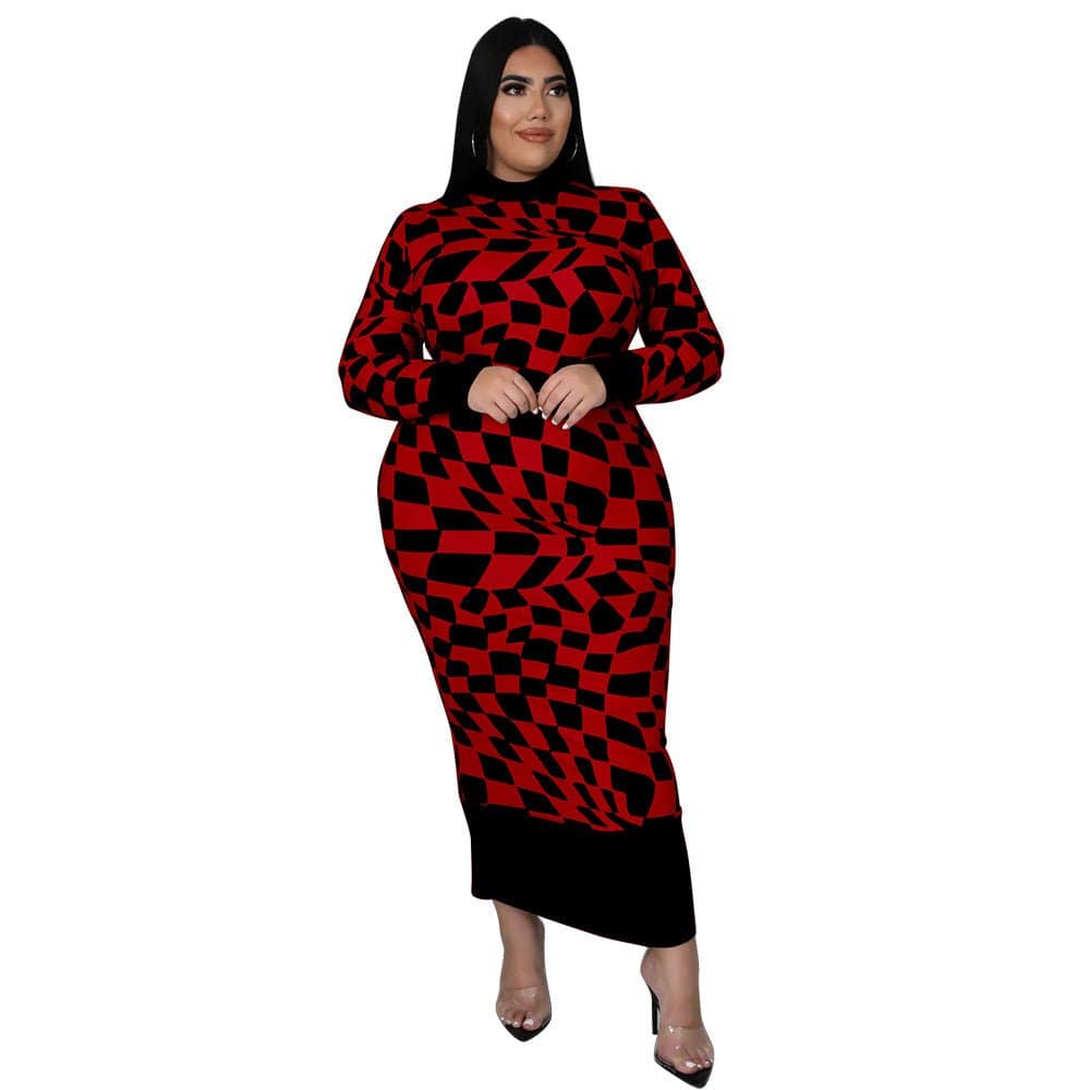 Elegant Plaid Printed Slim Fit Maxi Dress with Round Neck  L Red 