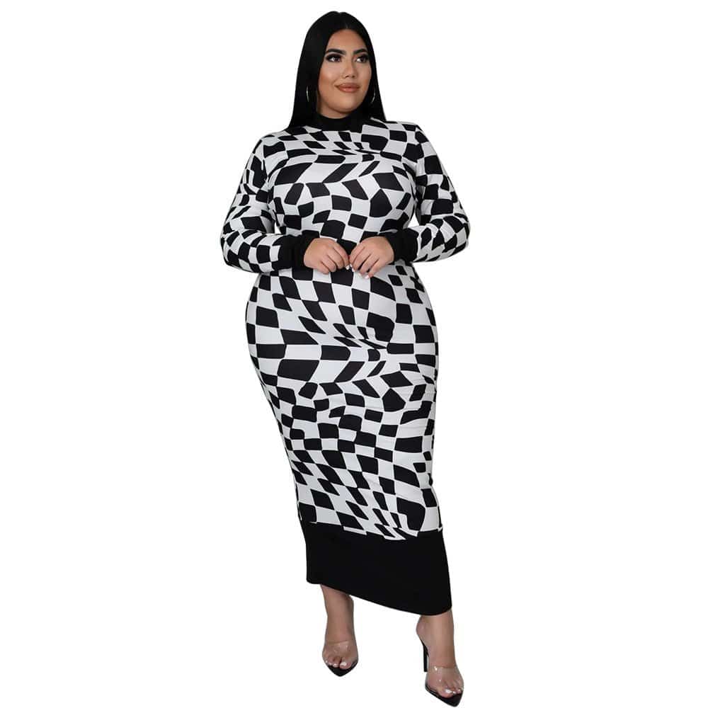 Elegant Plaid Printed Slim Fit Maxi Dress with Round Neck  L White 