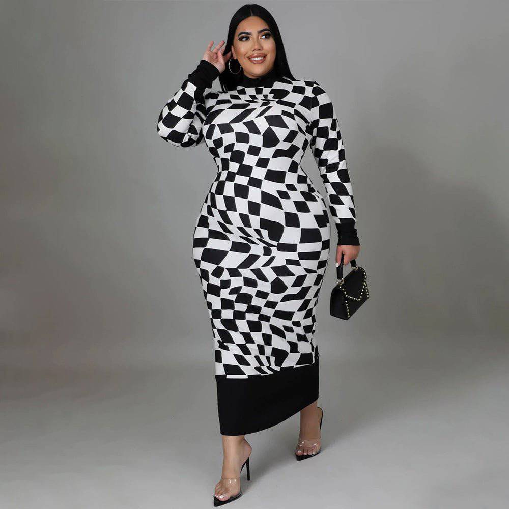 Elegant Plaid Printed Slim Fit Maxi Dress with Round Neck    