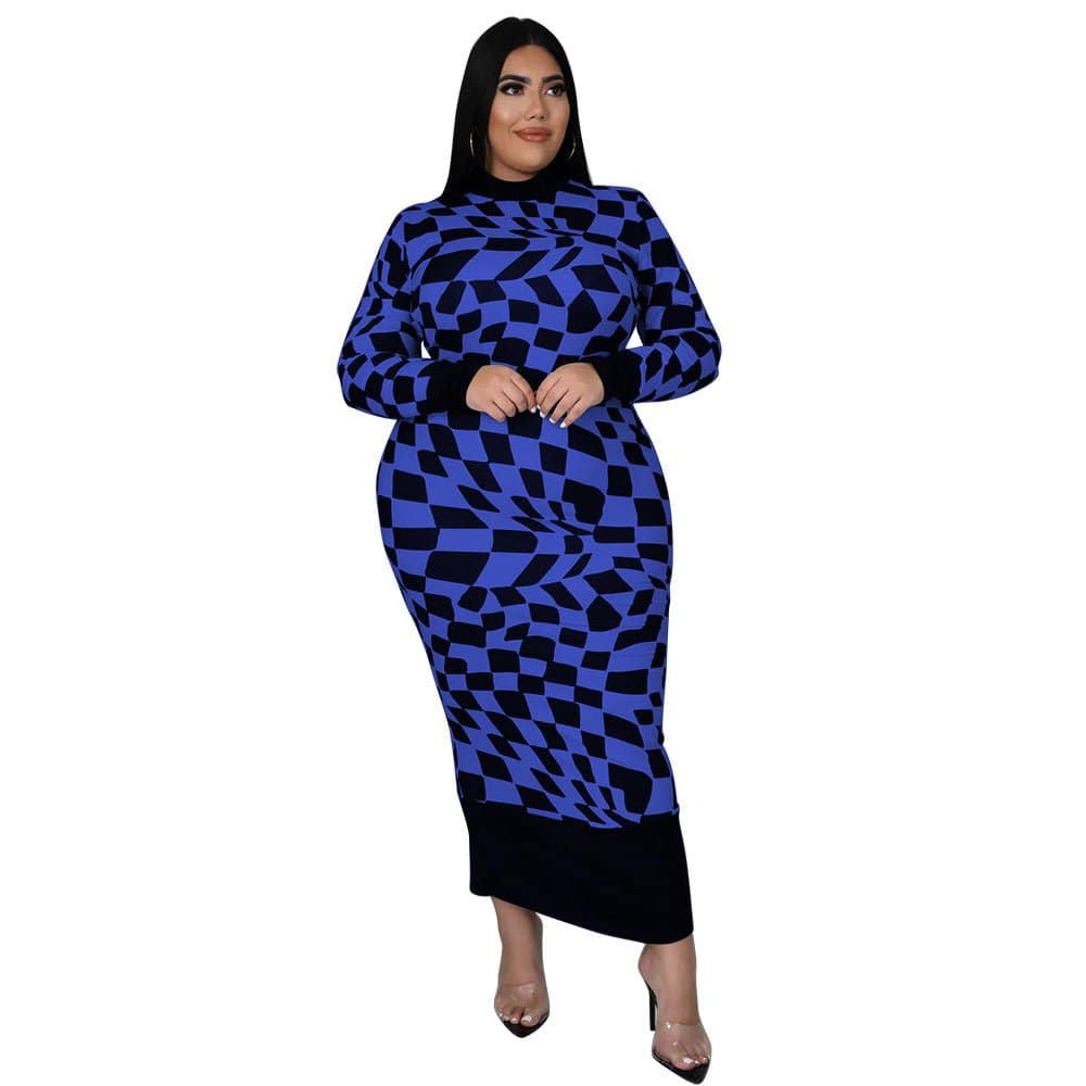 Elegant Plaid Printed Slim Fit Maxi Dress with Round Neck  L Blue 