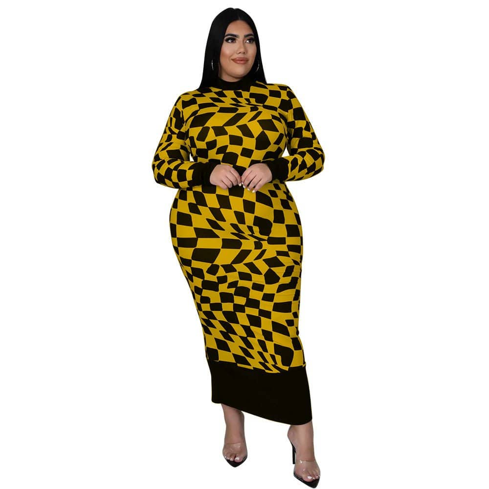 Elegant Plaid Printed Slim Fit Maxi Dress with Round Neck  L Yellow 