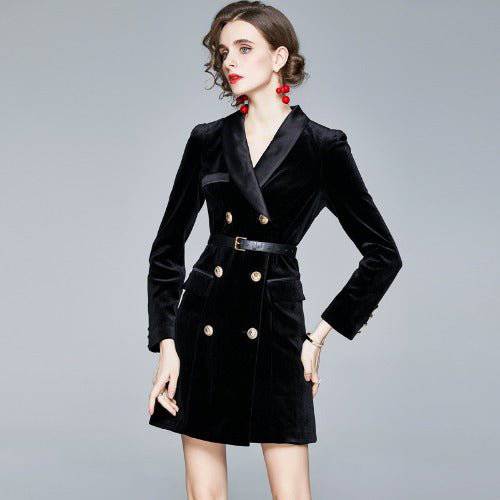 Elegant Pleuche Blazer Dress for Sophisticated Women  S Black 