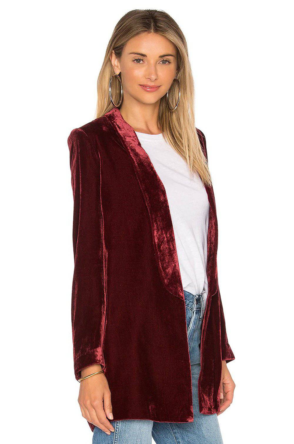 Elegant Pleuche Blazer Women's Slim Fit Coat for Versatile Outerwear  S Burgundy 