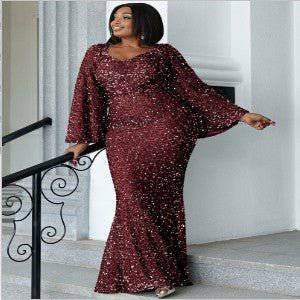 Elegant Plus Size Sequin Fishtail Maxi Dress for Curvy Women  0XL Burgundy 