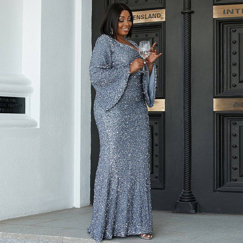 Elegant Plus Size Sequin Fishtail Maxi Dress for Curvy Women  0XL Gray 