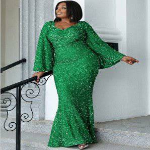 Elegant Plus Size Sequin Fishtail Maxi Dress for Curvy Women  0XL Green 