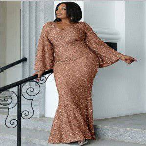 Elegant Plus Size Sequin Fishtail Maxi Dress for Curvy Women  0XL Gold 