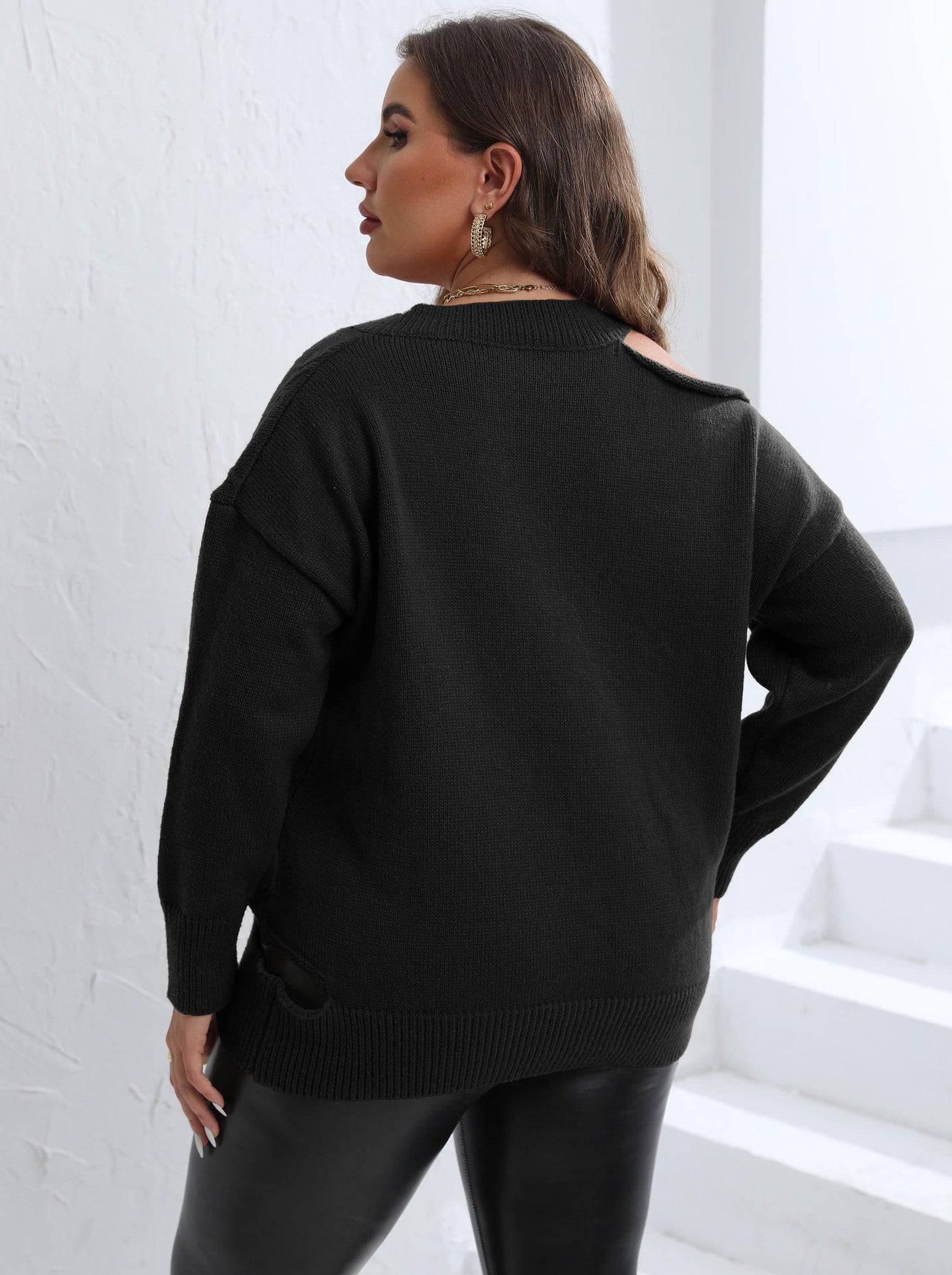 Elegant Plus Size V-Neck Sweater with Cutout Detail    