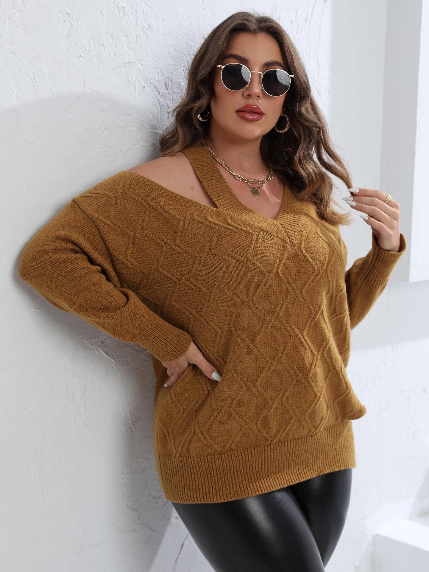 Elegant Plus Size V-Neck Sweater with Cutout Detail    