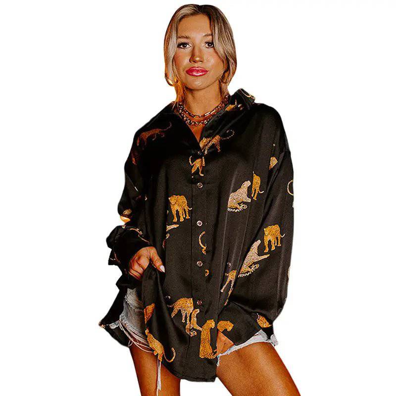 Elegant Satin Cardigan and Animal Print Shirt Combo for Women  S black 