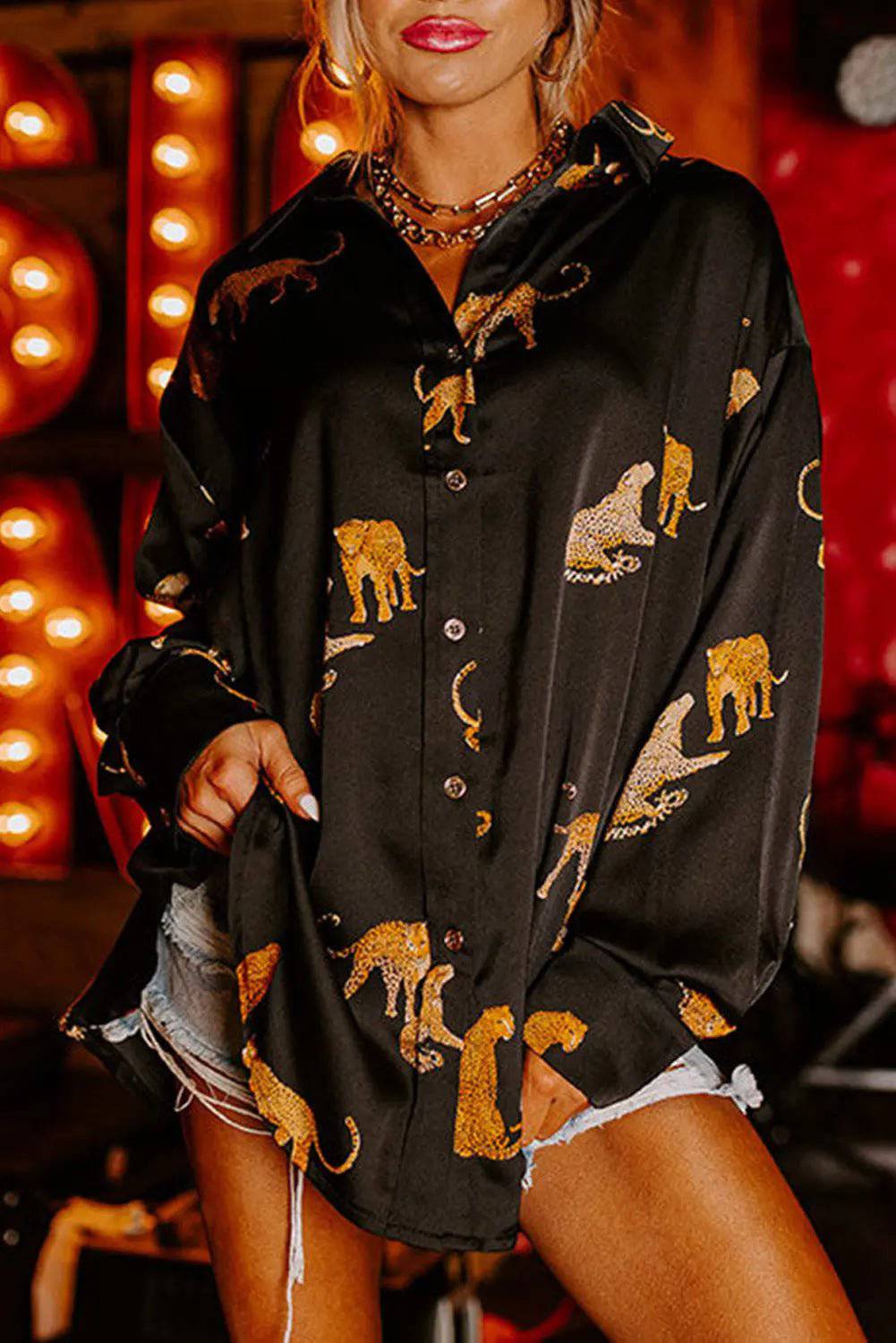 Elegant Satin Cardigan and Animal Print Shirt Combo for Women    