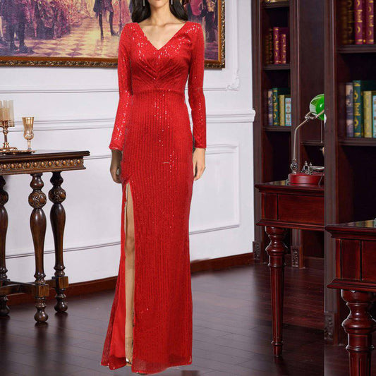 Elegant Sequined V-Neck Maxi Dress for Formal Occasions    