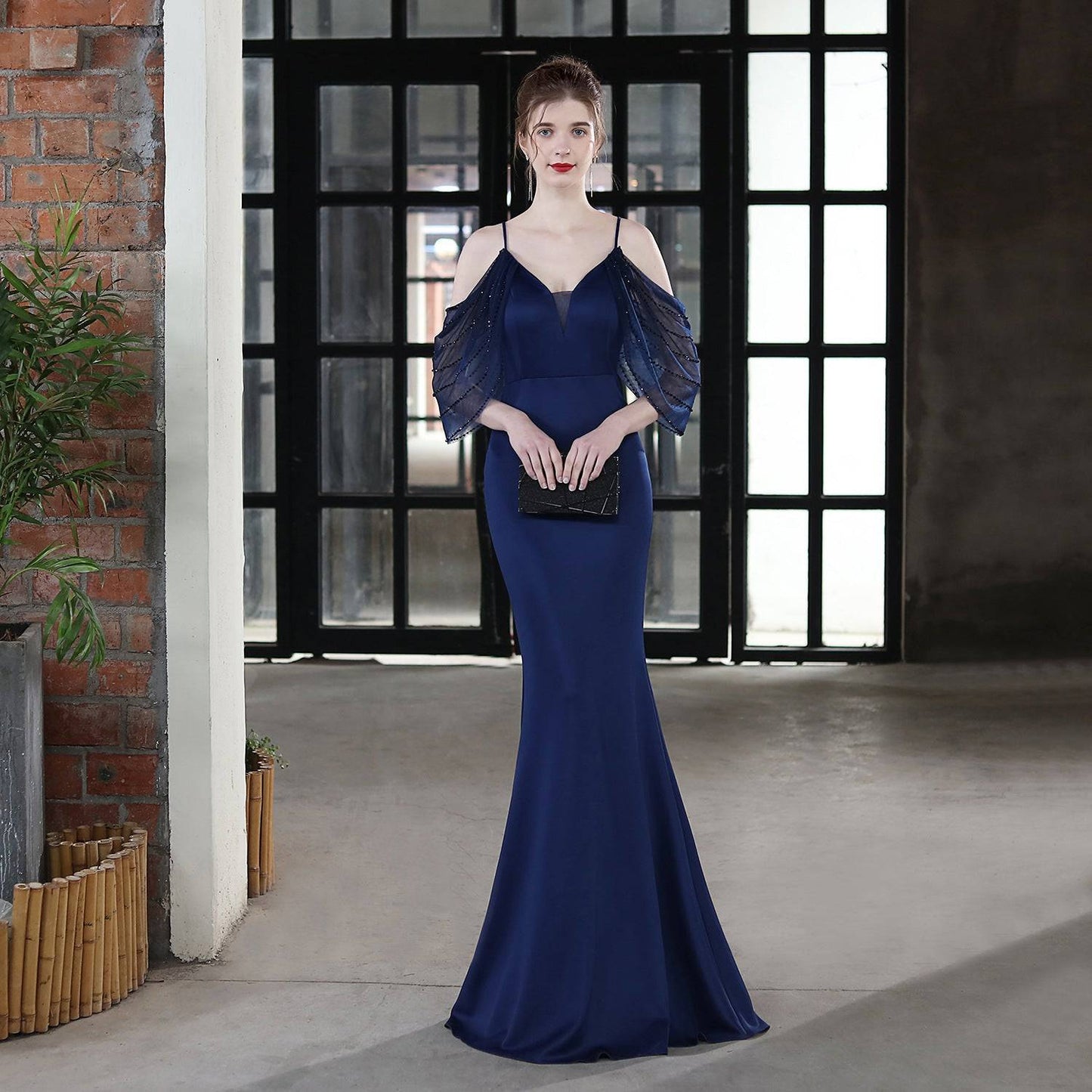 Elegant Slim-Fit V-Neck Lace Fishtail Wedding Dress  S purplish blue 