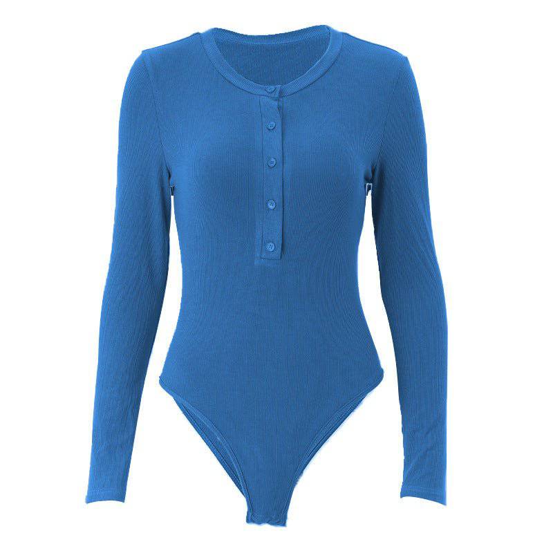 Elegant Slim V-Neck Jumpsuit Bottoming Shirt for Autumn Women  S Blue 