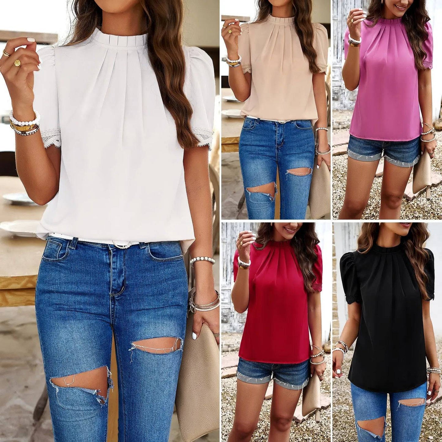 Elegant Solid Color Short Sleeve Top for Women    