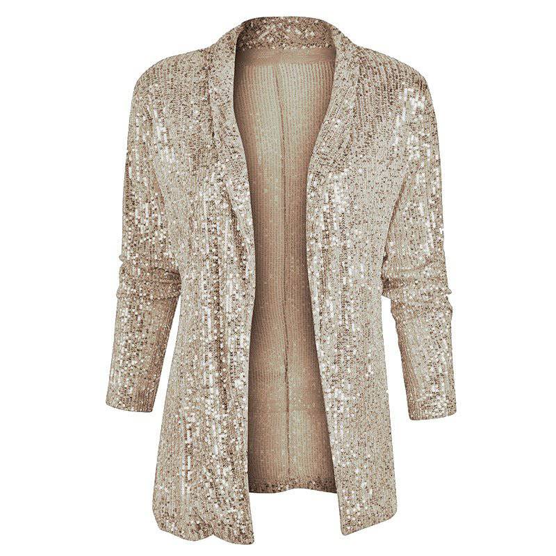 Elegant Spring Sequined Collared Coat for Women  S Gold1 