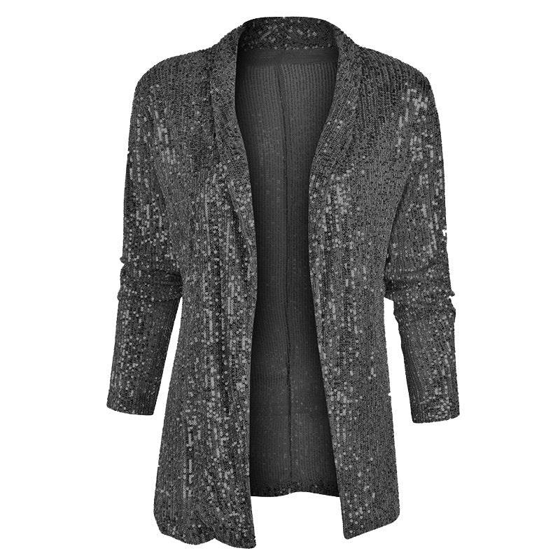 Elegant Spring Sequined Collared Coat for Women  S Black 