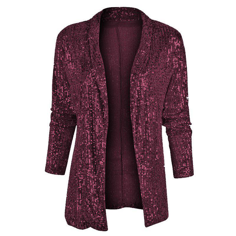 Elegant Spring Sequined Collared Coat for Women  S Burgundy 