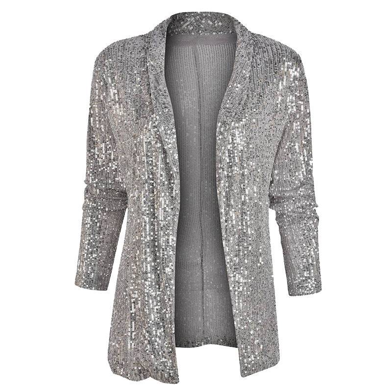 Elegant Spring Sequined Collared Coat for Women  S Gray 