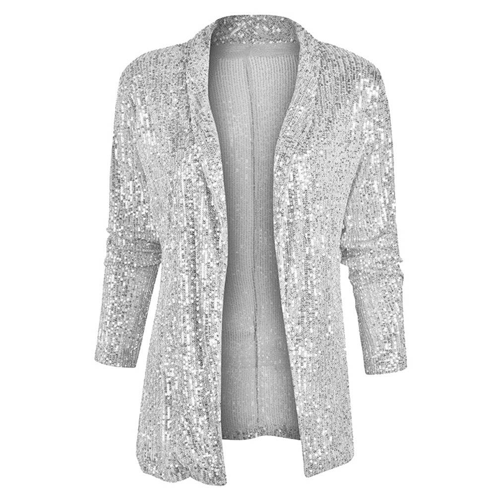 Elegant Spring Sequined Collared Coat for Women  S Silver 