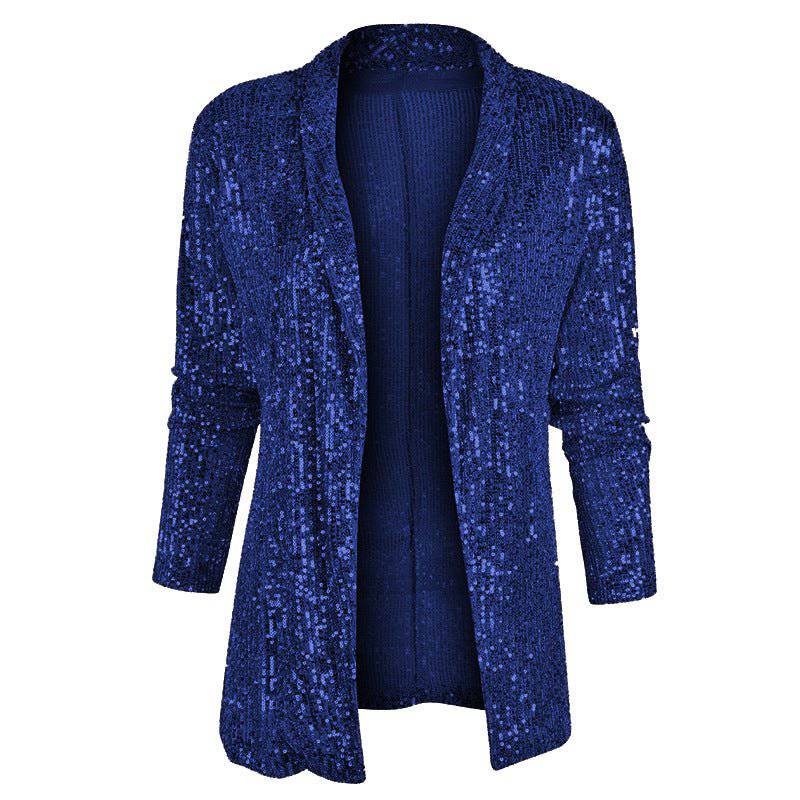 Elegant Spring Sequined Collared Coat for Women  S Navy Blue 