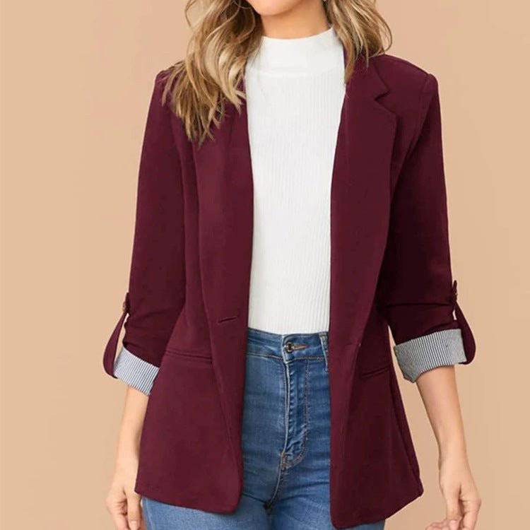 Elegant Stitched Collared Slim Fit Blazer for Fall and Winter  S Burgundy 