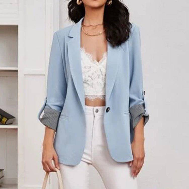 Elegant Stitched Collared Slim Fit Blazer for Fall and Winter  S skyblue 