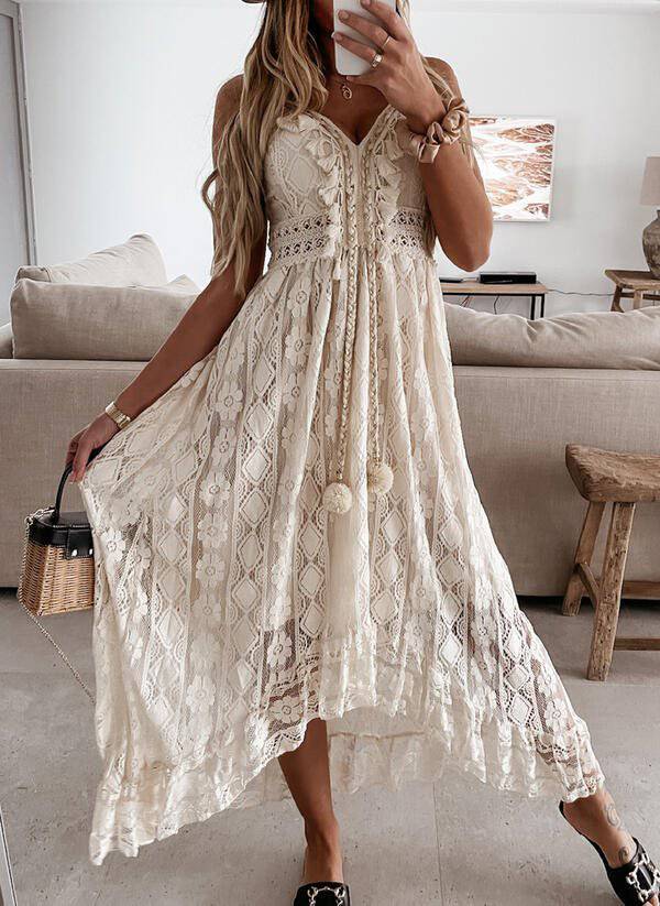 Elegant Summer Lace V-Neck Maxi Dress  S Ivory 