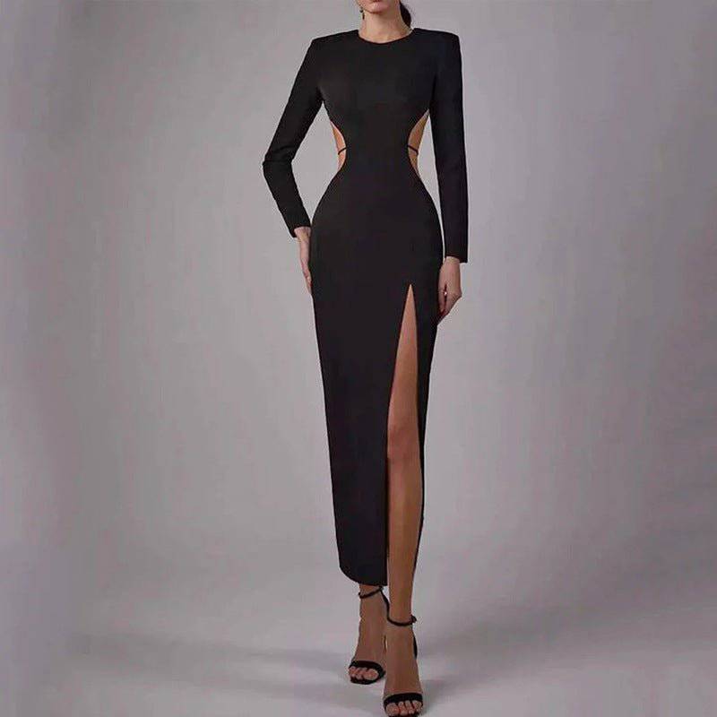 Elegant Summer Long Sleeve Strap Dress with Hollow Cutout Detail    